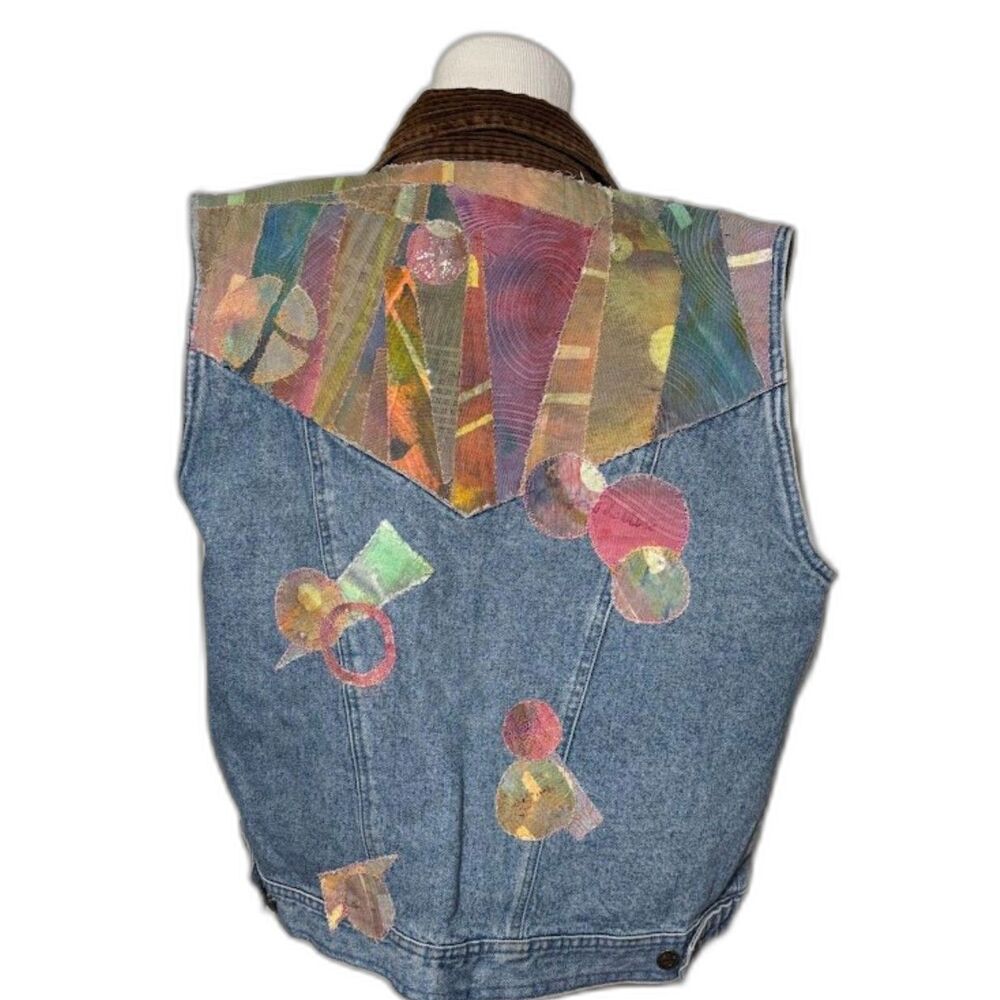 Vintage Handmade Jean Vest Jacket Patchwork Art to Wear Medium Fairy Corduroy